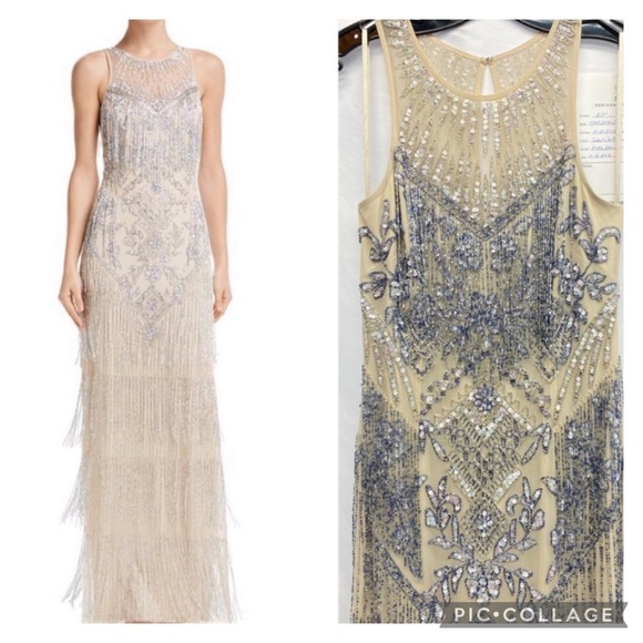 Aidan Mattox Fringes Beaded Column Gown 